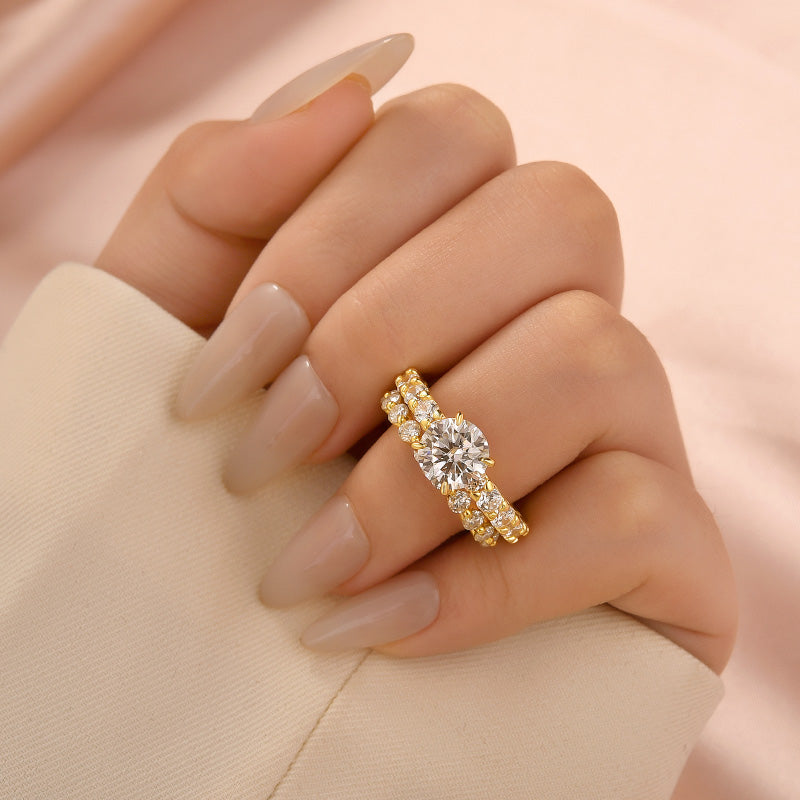 Aurevyn Moissanite 2.0Ct Side Stone Round Cut Yellow Gold Engagement Ring with 1.5Ct Round Cut Wedding Band