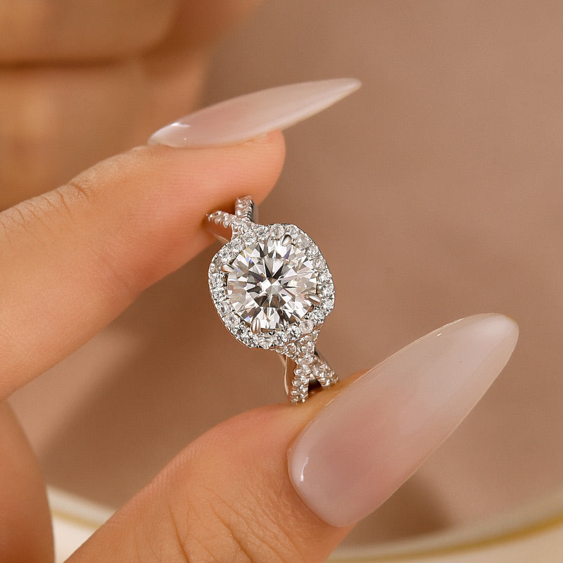 Aurevyn Moissanite 2.0Ct Halo Round Cut Twist White Gold Engagement Ring