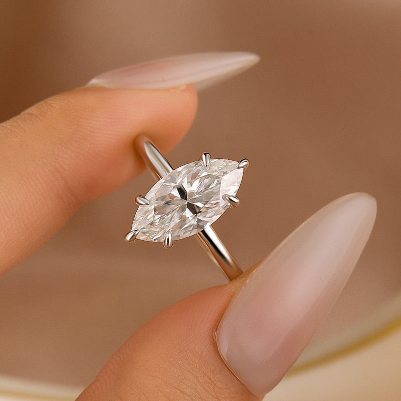 Aurevyn Moissanite 1.0 Ct/2.0 Ct/3.0Ct Marquise Cut Solitaire White Gold Promise Ring For Women
