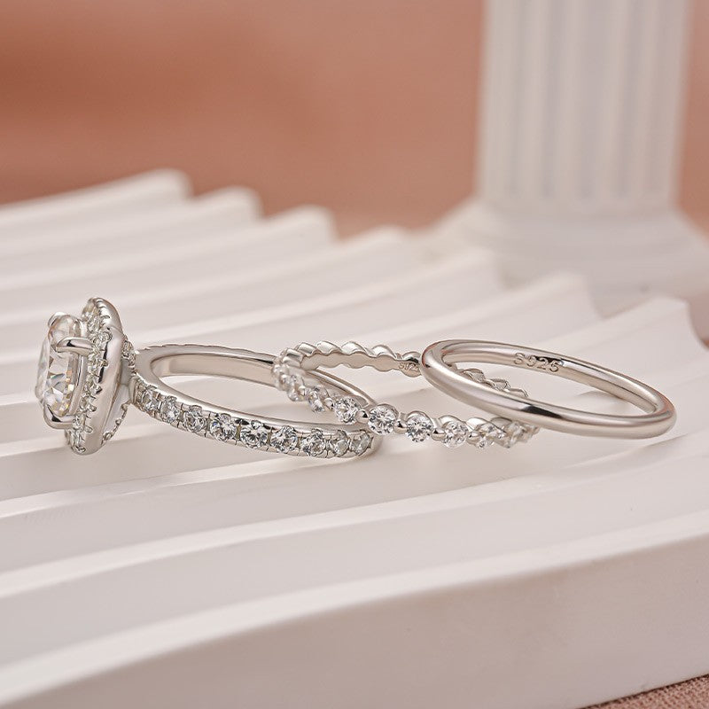 Aurevyn Moissanite 2.0 Ct Halo Round Cut White Gold Wedding Ring Set
