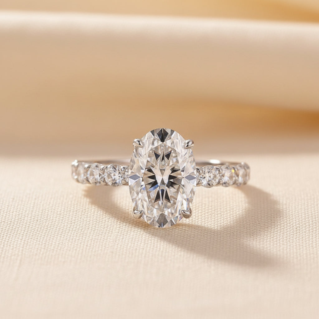 Aurevyn 2.5 Ct/4.0Ct Oval Cut Hidden Halo White Gold Moissanite Diamond Engagement Ring