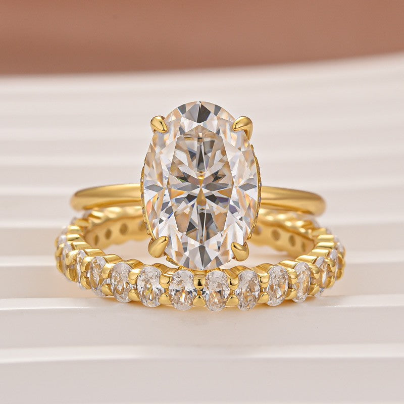 Aurevyn Moissanite 4.0 Ct Oval Cut Yellow Gold Engagement Ring with Oval Cut Eternity Ring