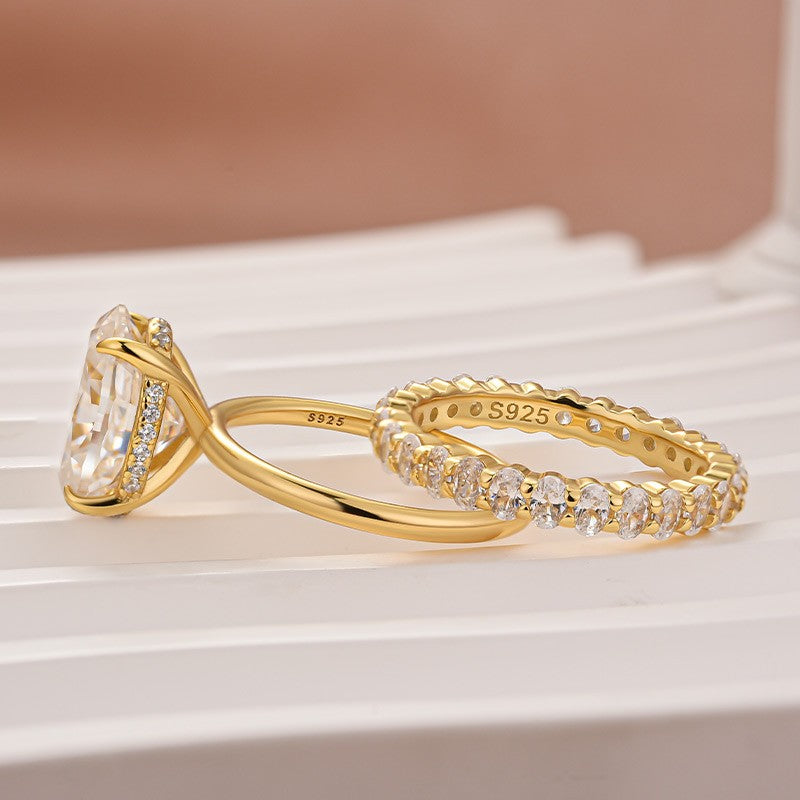 Aurevyn Moissanite 4.0 Ct Oval Cut Yellow Gold Engagement Ring with Oval Cut Eternity Ring