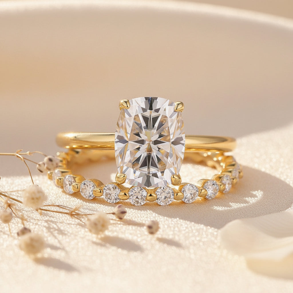 Aurevyn Moissanite 4.0 Ct Solitaire Cushion Cut Yellow Gold Wedding Set
