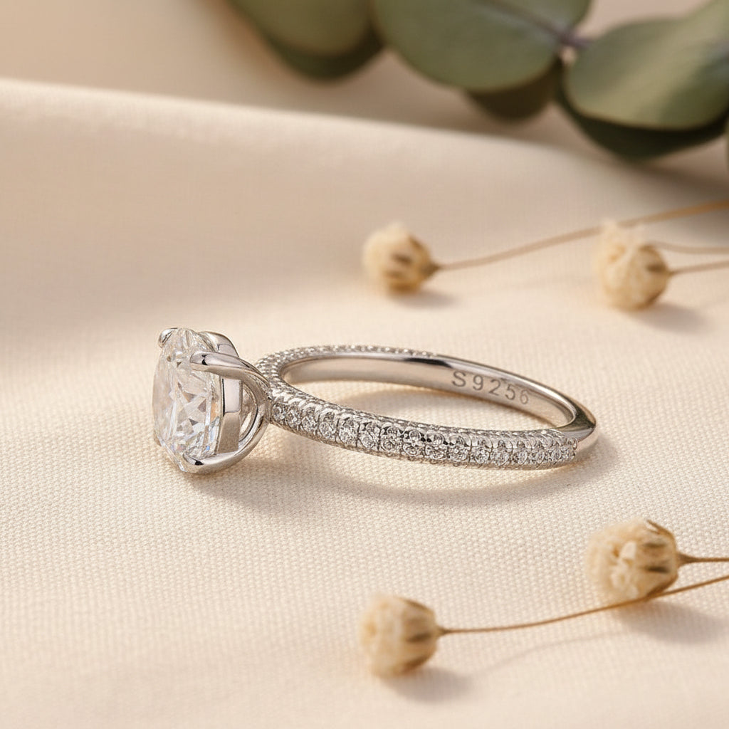 Aurevyn Triple Row Pavé 1.0Ct/2.0Ct Round Cut Moissanite Engagement Ring In Sterling Silver