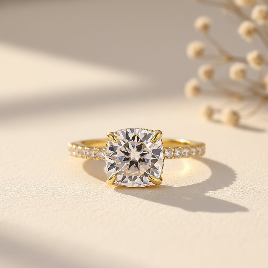 Aurevyn 2.0 Ct～2.5 CtSquare Cushion Yellow Gold Promise Ring