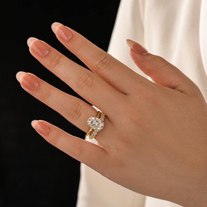 Aurevyn Moissanite 4.0 Ct Oval Cut Yellow Gold Engagement Ring with Oval Cut Eternity Ring