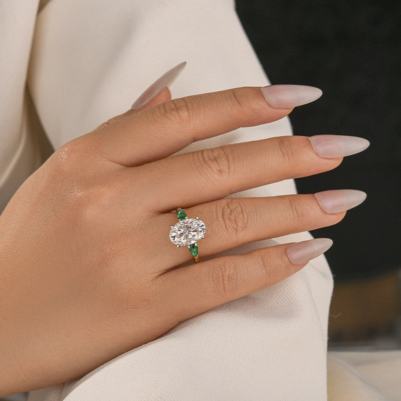 Aurevyn Moissanite 4.0Ct Oval Cut Green Pear Cut Side Stone Engagement Ring