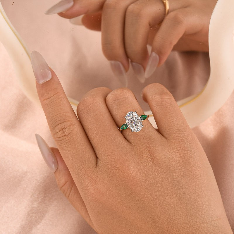 Aurevyn Moissanite 4.0Ct Oval Cut Green Pear Cut Side Stone Engagement Ring