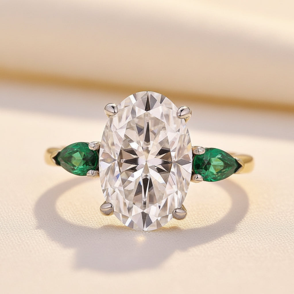 Aurevyn Moissanite 4.0Ct Oval Cut Green Pear Cut Side Stone Engagement Ring