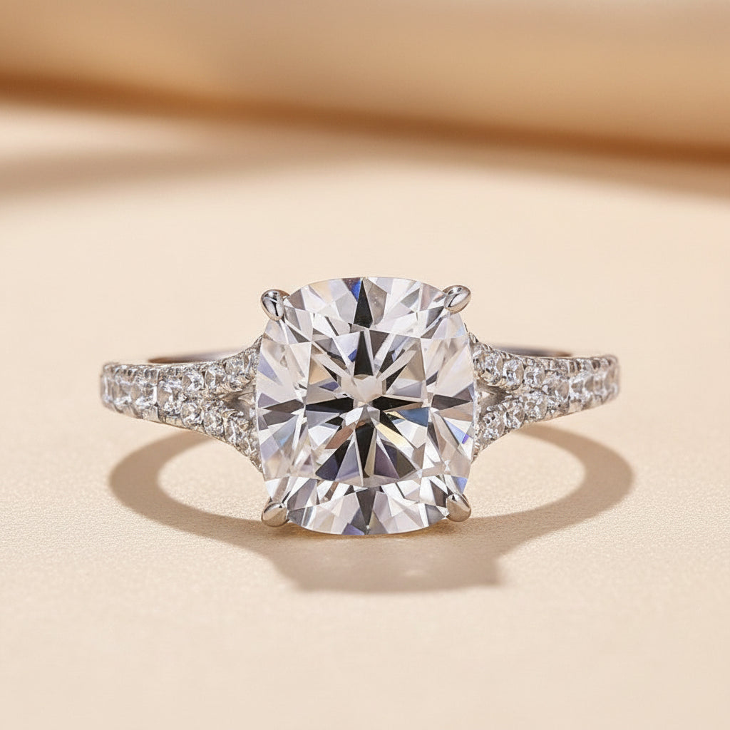 Aurevyn Moissanite 3.0Ct Cushion Cut Split Shank White Gold Engagement Ring