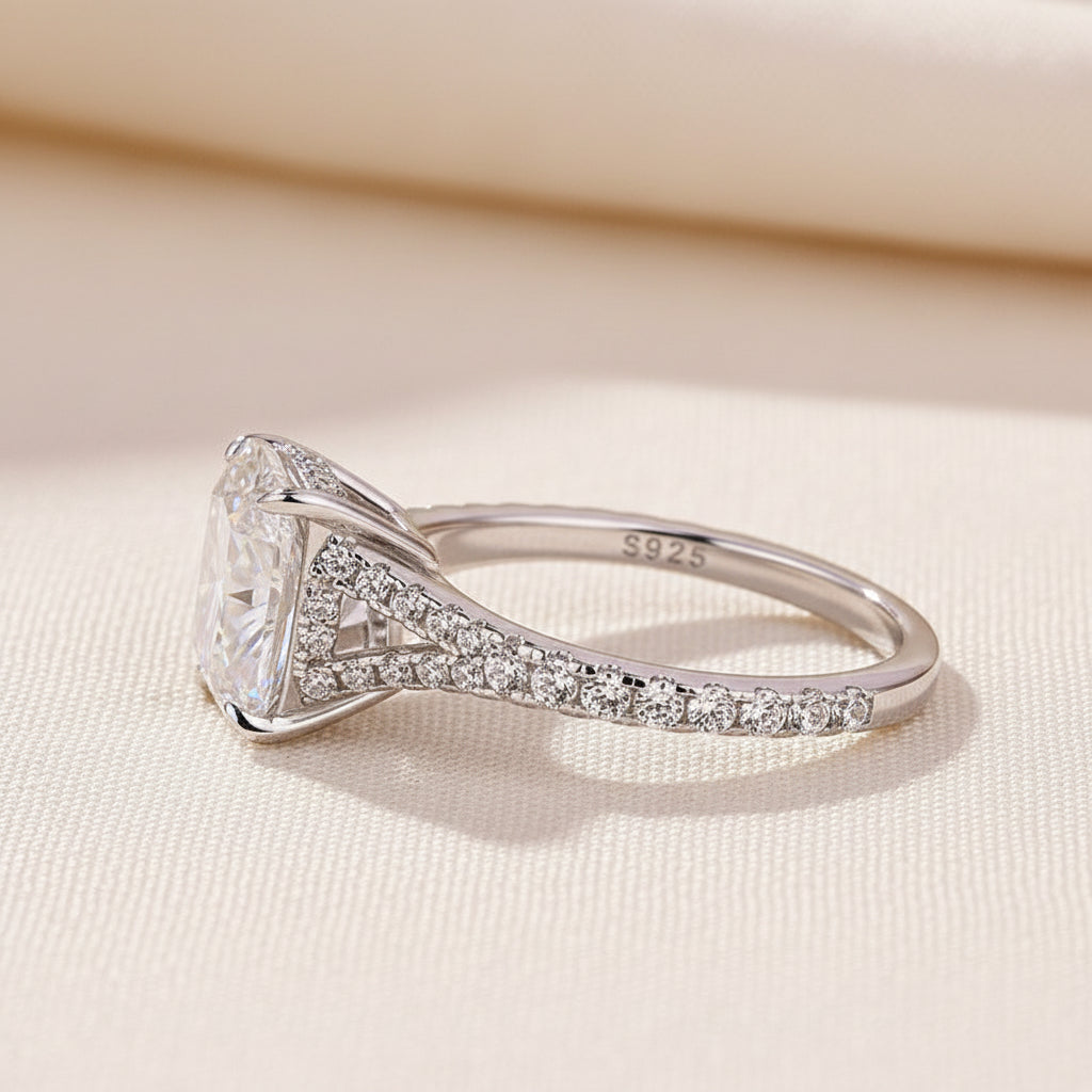 Aurevyn Moissanite 3.0Ct Cushion Cut Split Shank White Gold Engagement Ring