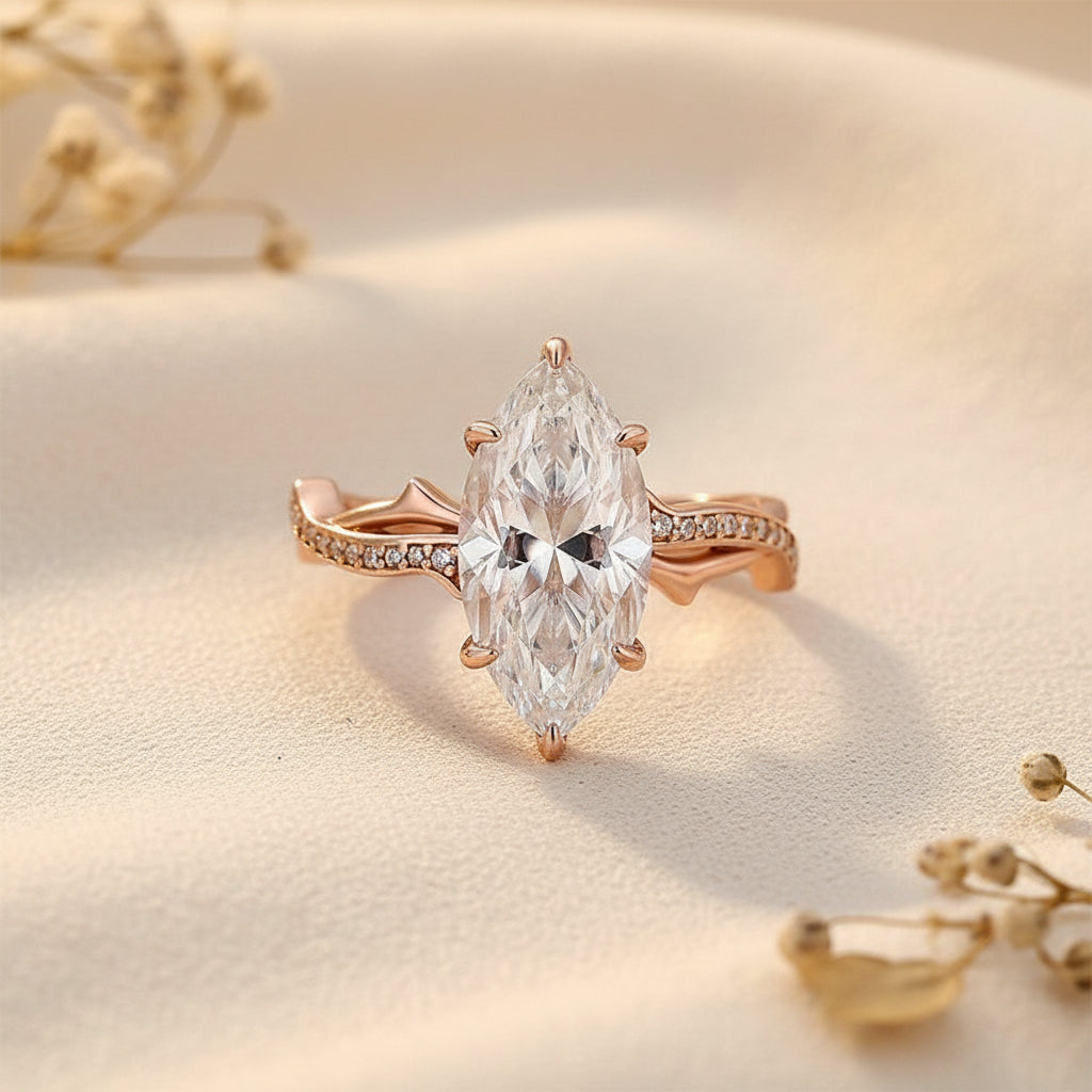 Aurevyn Moissanite 3.0Ct Marquise Cut Rose Gold Twist Engagement Ring In Sterling Silver