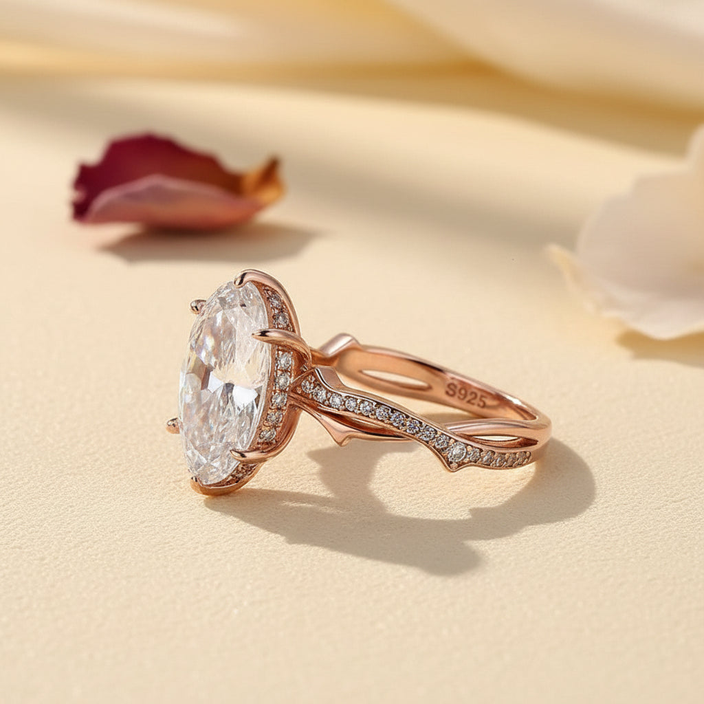 Aurevyn Moissanite 3.0Ct Marquise Cut Rose Gold Twist Engagement Ring In Sterling Silver