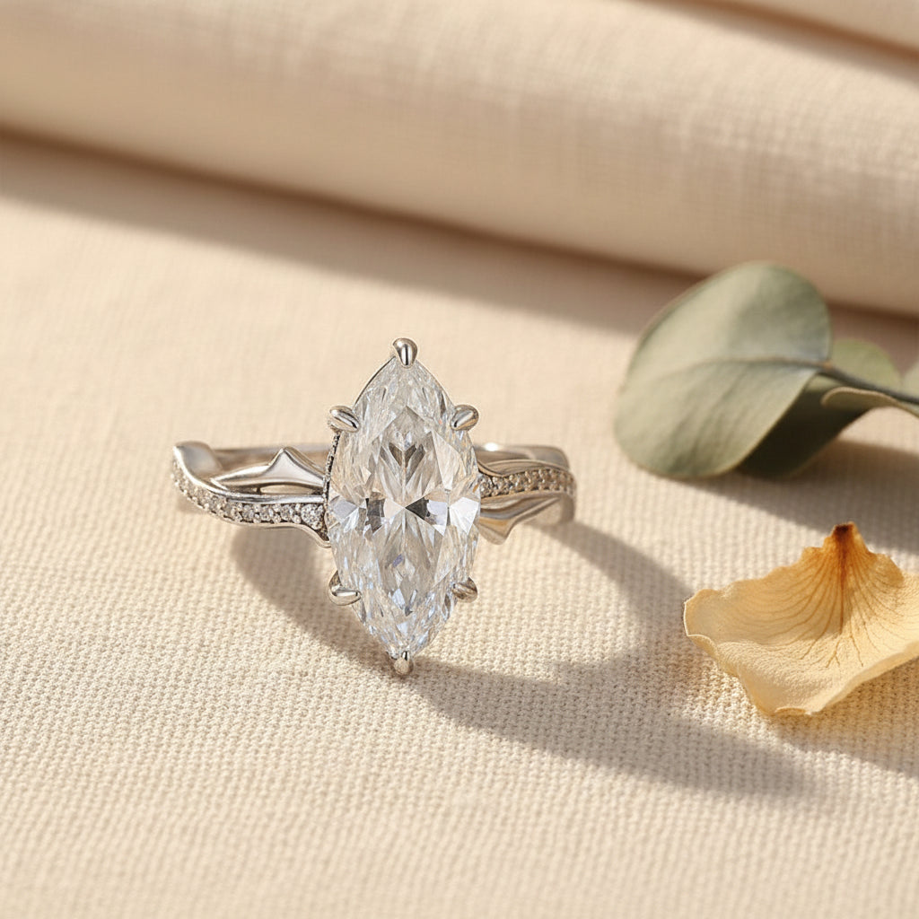 Aurevyn Moissanite 3.0Ct Marquise Cut White Gold Twist Engagement Ring In Sterling Silver
