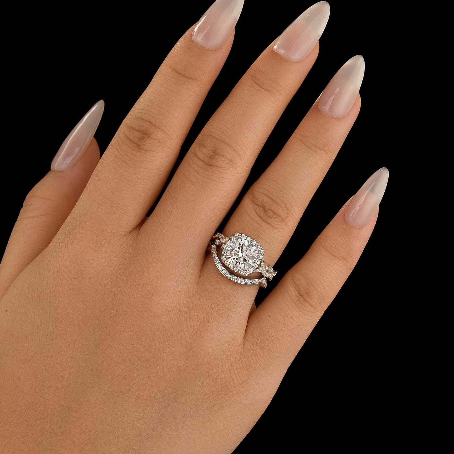 Aurevyn Moissanite 2.0Ct Halo Round Cut Twist White Gold Wedding Ring Set In Sterling Silver
