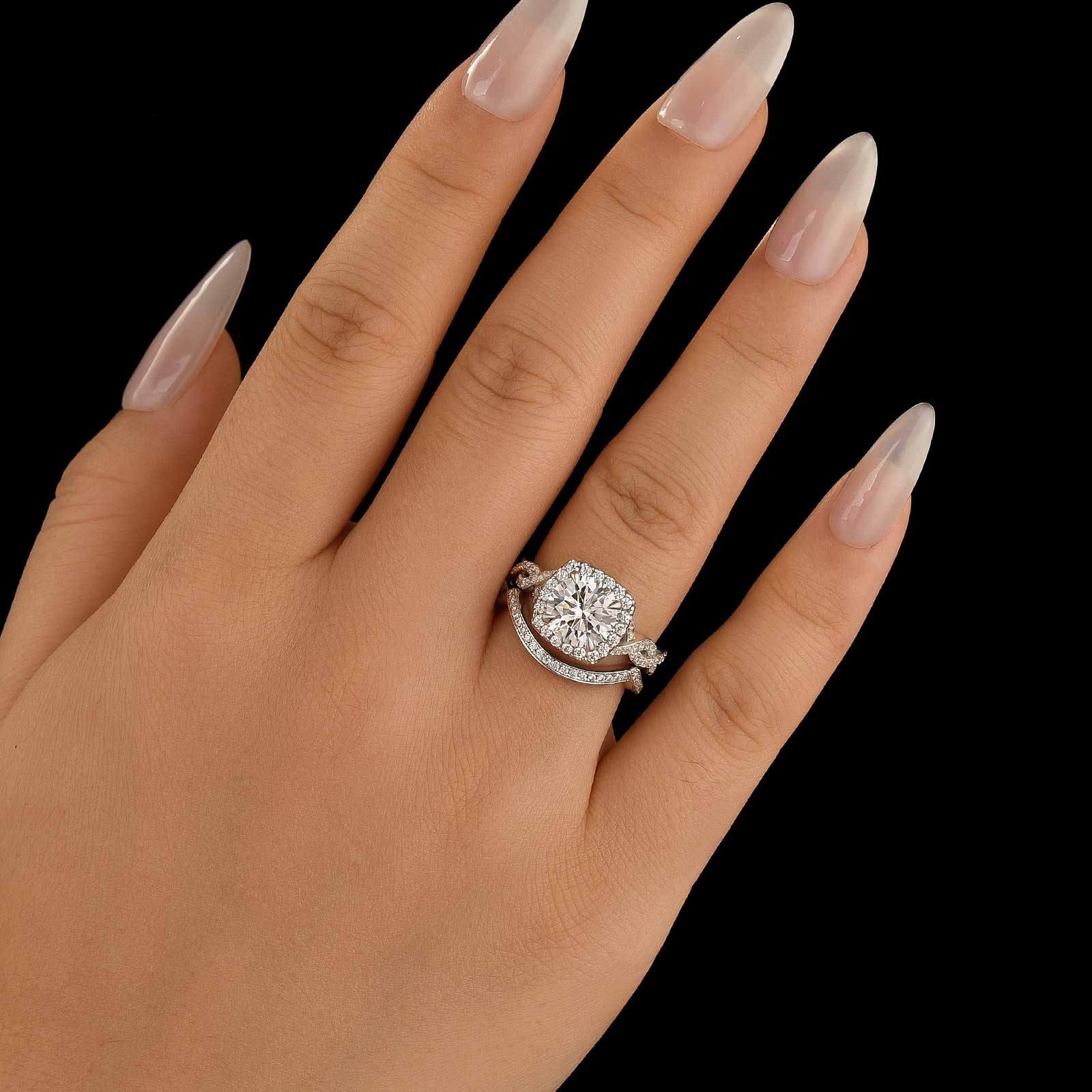 Aurevyn Moissanite 2.0Ct Halo Round Cut Twist White Gold Wedding Ring Set In Sterling Silver