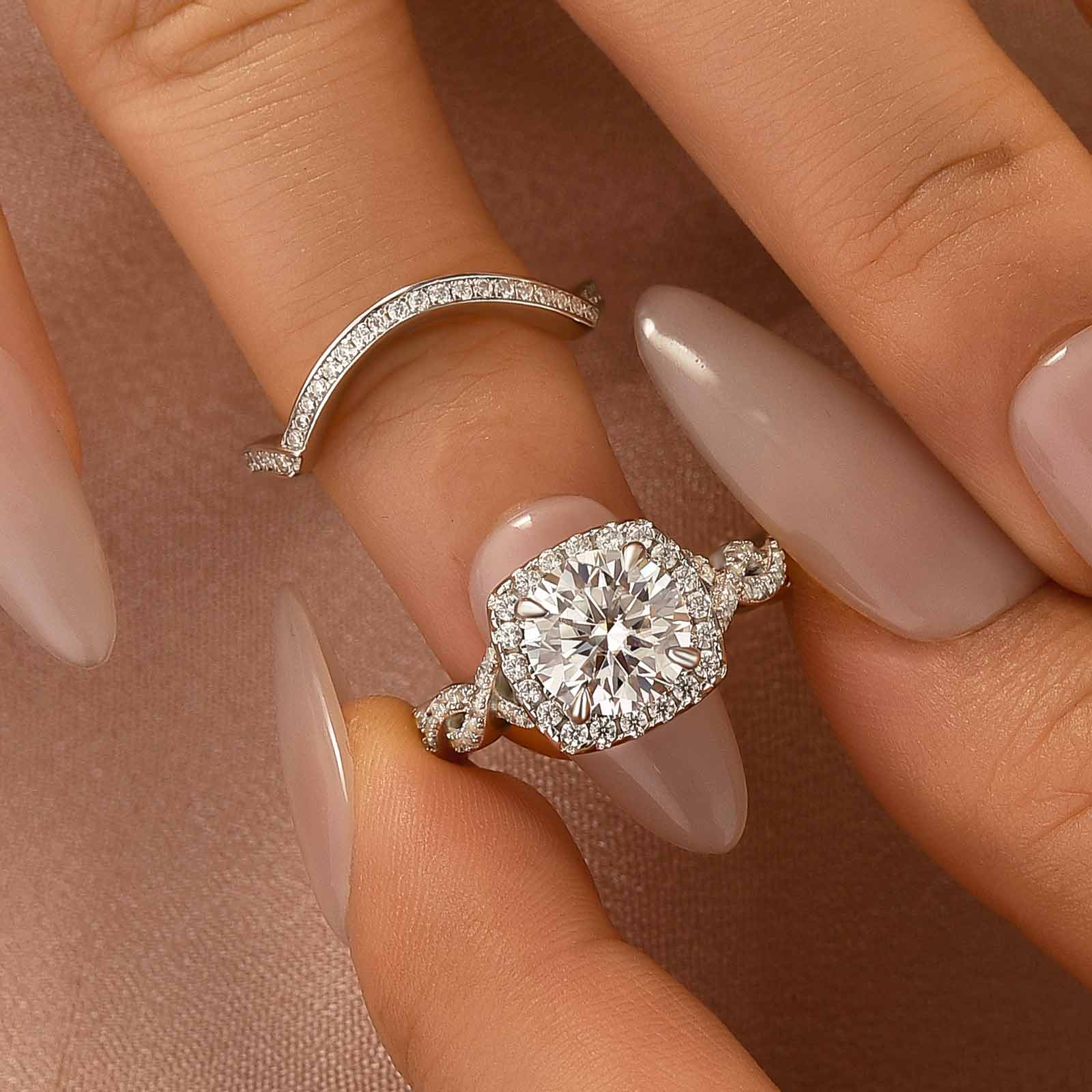 Aurevyn Moissanite 2.0Ct Halo Round Cut Twist White Gold Wedding Ring Set In Sterling Silver