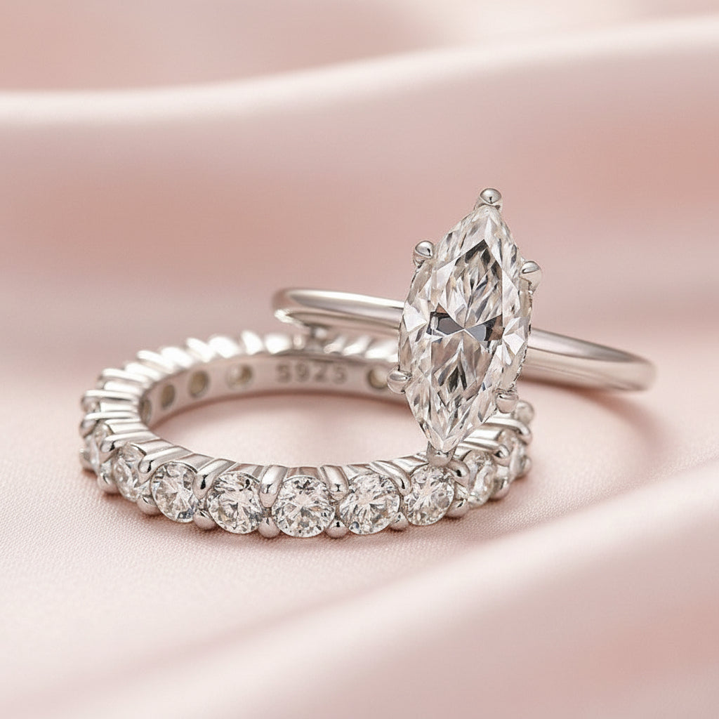 Aurevyn Moissanite 2.0Ct Marquise Cut Solitaire Engagement Ring with Pavé Eternity Ring