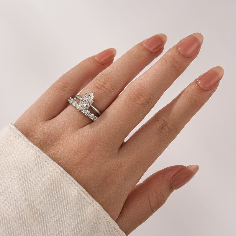 Aurevyn Moissanite 2.0Ct Marquise Cut Solitaire Engagement Ring with Pavé Eternity Ring