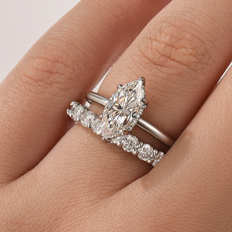 Aurevyn Moissanite 2.0Ct Marquise Cut Solitaire Engagement Ring with Pavé Eternity Ring