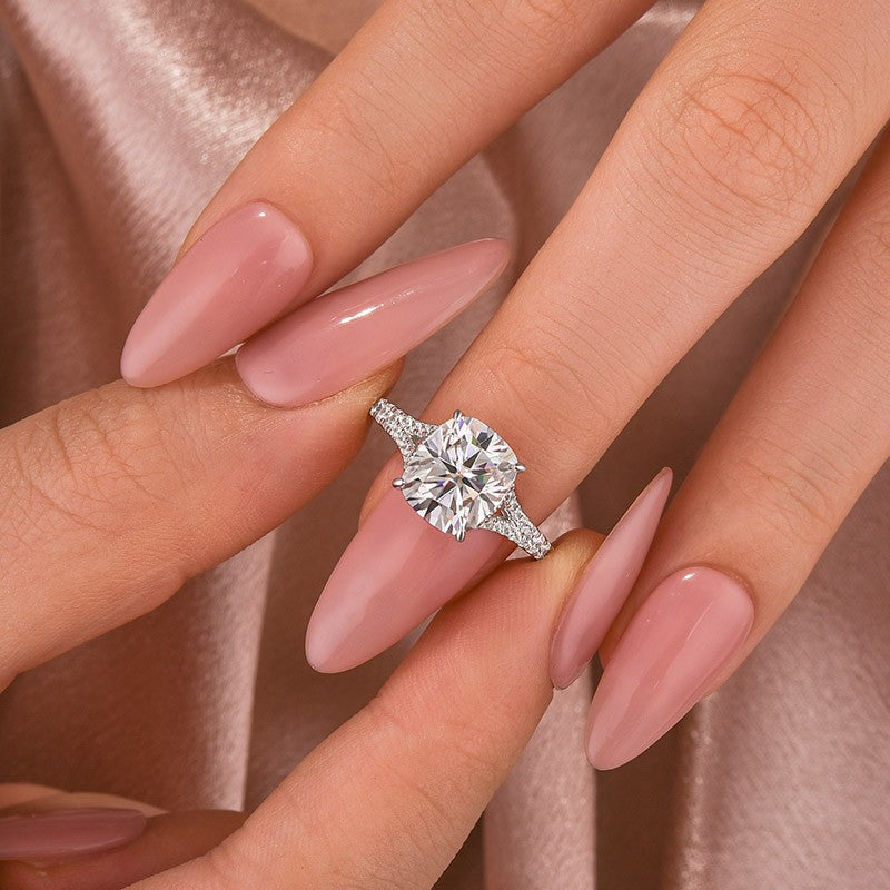 Aurevyn Moissanite 3.0Ct Cushion Cut Split Shank White Gold Engagement Ring