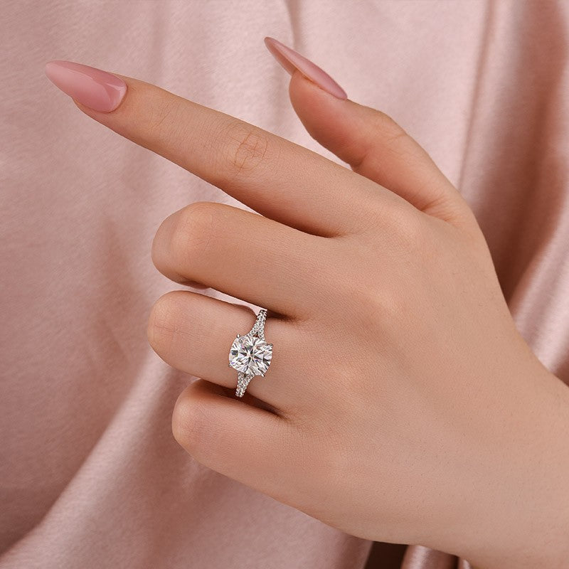 Aurevyn Moissanite 3.0Ct Cushion Cut Split Shank White Gold Engagement Ring