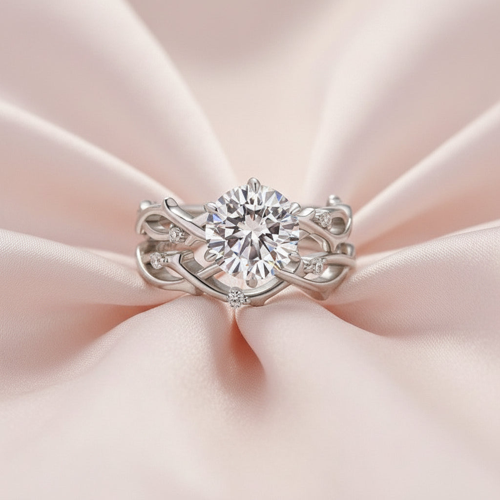 Aurevyn Moissanite 2.0 Ct Twig 6 Prong Round Cut Twist White Gold Wedding Set