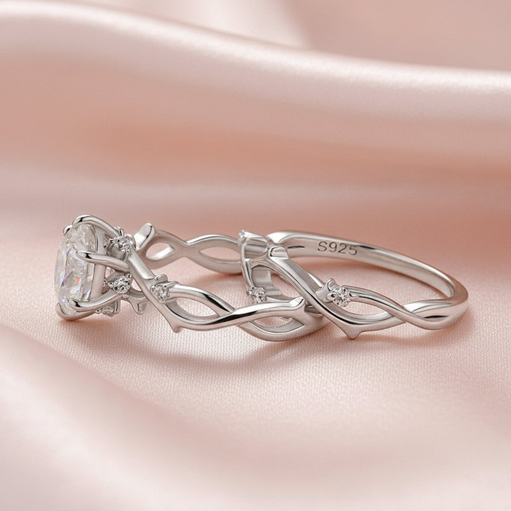Aurevyn Moissanite 2.0 Ct Twig 6 Prong Round Cut Twist White Gold Wedding Set