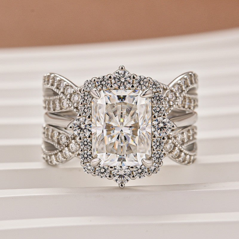 Aurevyn Moissanite 3.0Ct Radiant Cut White Gold Stack Wedding Ring with Enhancer Wedding Band