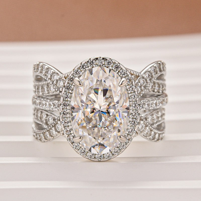 Aurevyn Moissanite 4.0Ct Halo Oval Cut White Gold Stack Wedding Ring with Enhancer Wedding Band