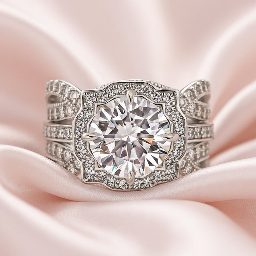 Aurevyn Moissanite 3.0Ct Halo Round Cut White Gold Stack Wedding Ring with Enhancer Wedding Band