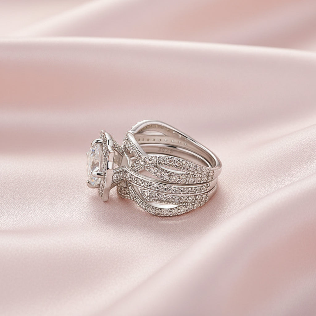Aurevyn Moissanite 3.0Ct Halo Round Cut White Gold Stack Wedding Ring with Enhancer Wedding Band