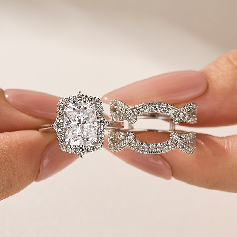 Aurevyn Moissanite 3.0Ct Radiant Cut White Gold Stack Wedding Ring with Enhancer Wedding Band