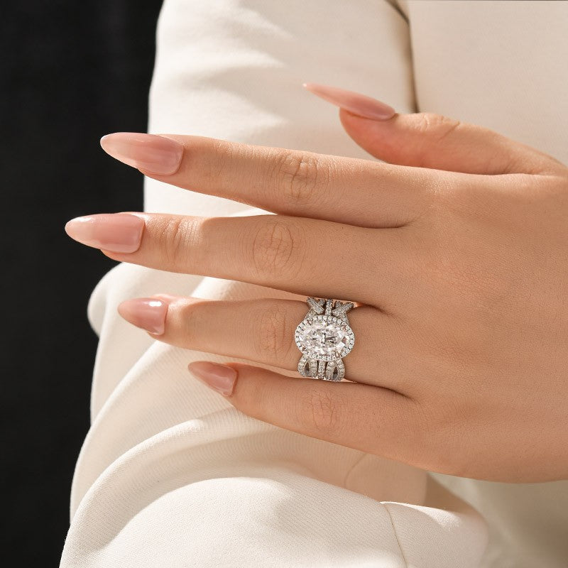 Aurevyn Moissanite 4.0Ct Halo Oval Cut White Gold Stack Wedding Ring with Enhancer Wedding Band