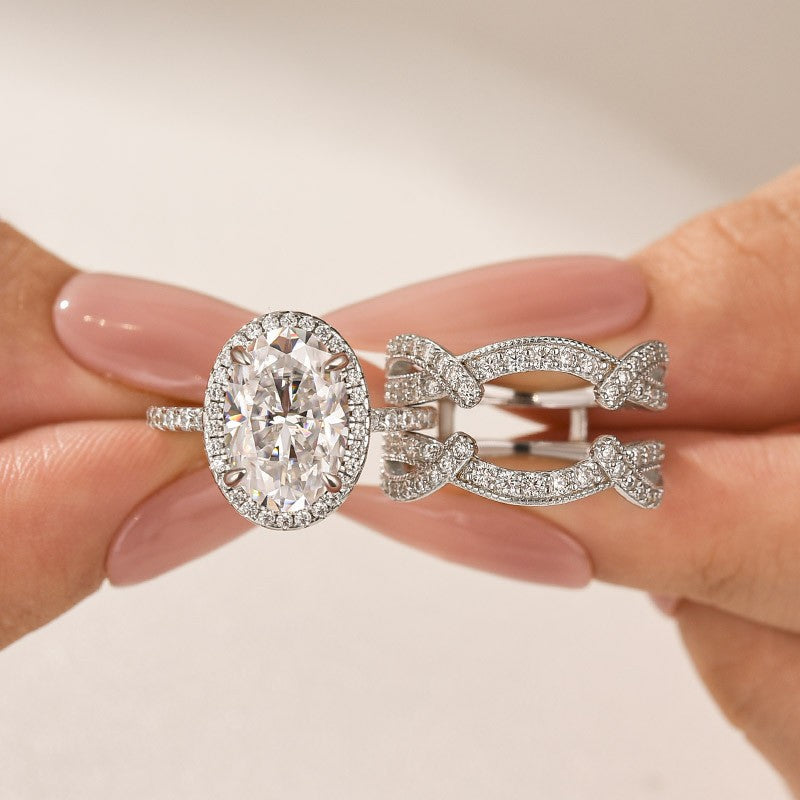 Aurevyn Moissanite 4.0Ct Halo Oval Cut White Gold Stack Wedding Ring with Enhancer Wedding Band