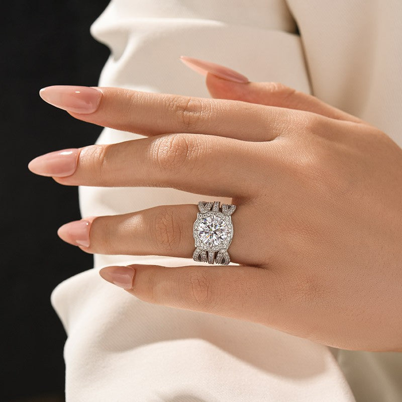 Aurevyn Moissanite 3.0Ct Halo Round Cut White Gold Stack Wedding Ring with Enhancer Wedding Band