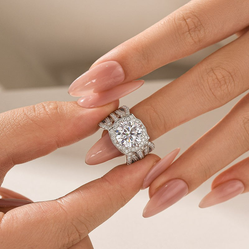 Aurevyn Moissanite 3.0Ct Halo Round Cut White Gold Stack Wedding Ring with Enhancer Wedding Band