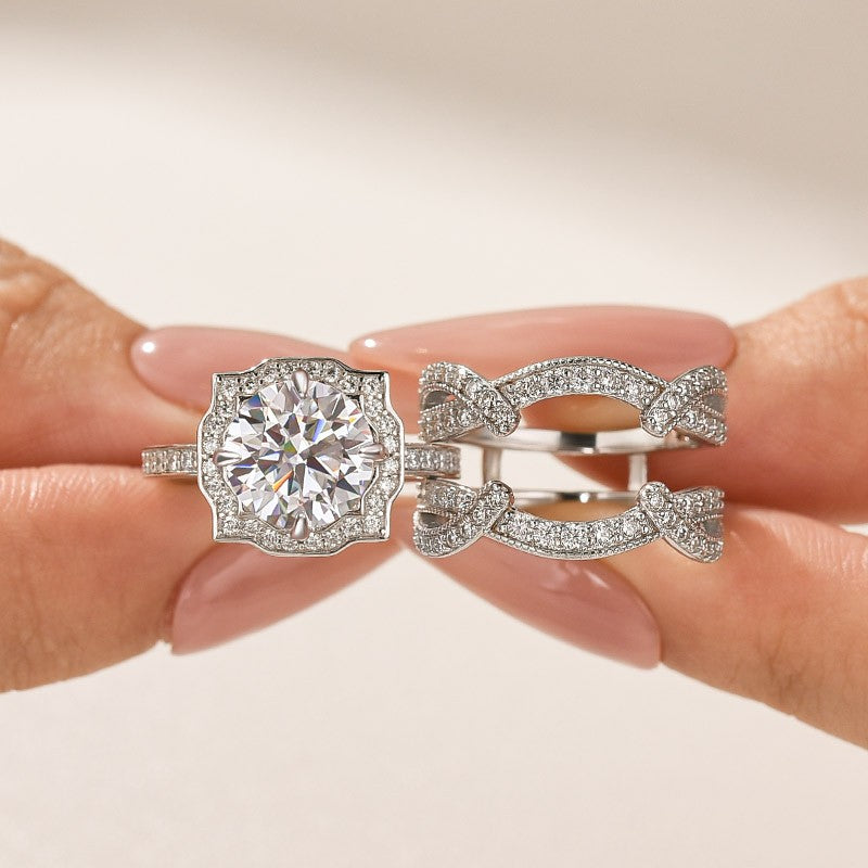 Aurevyn Moissanite 3.0Ct Halo Round Cut White Gold Stack Wedding Ring with Enhancer Wedding Band
