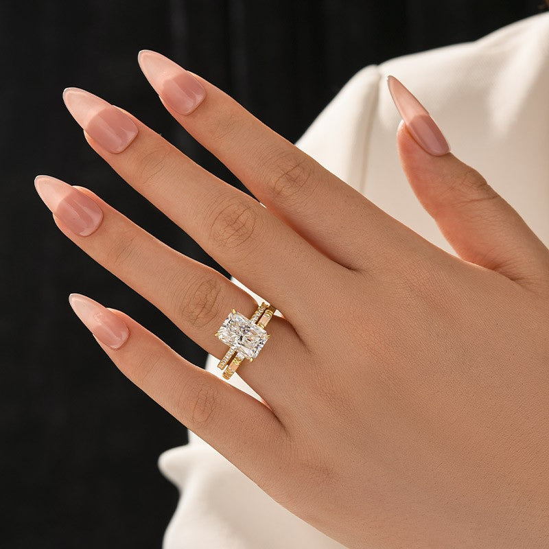 Aurevyn Moissanite 4.5Ct Radiant Cut Yellow Gold  Wedding Ring with Emerald Cut Wedding Band