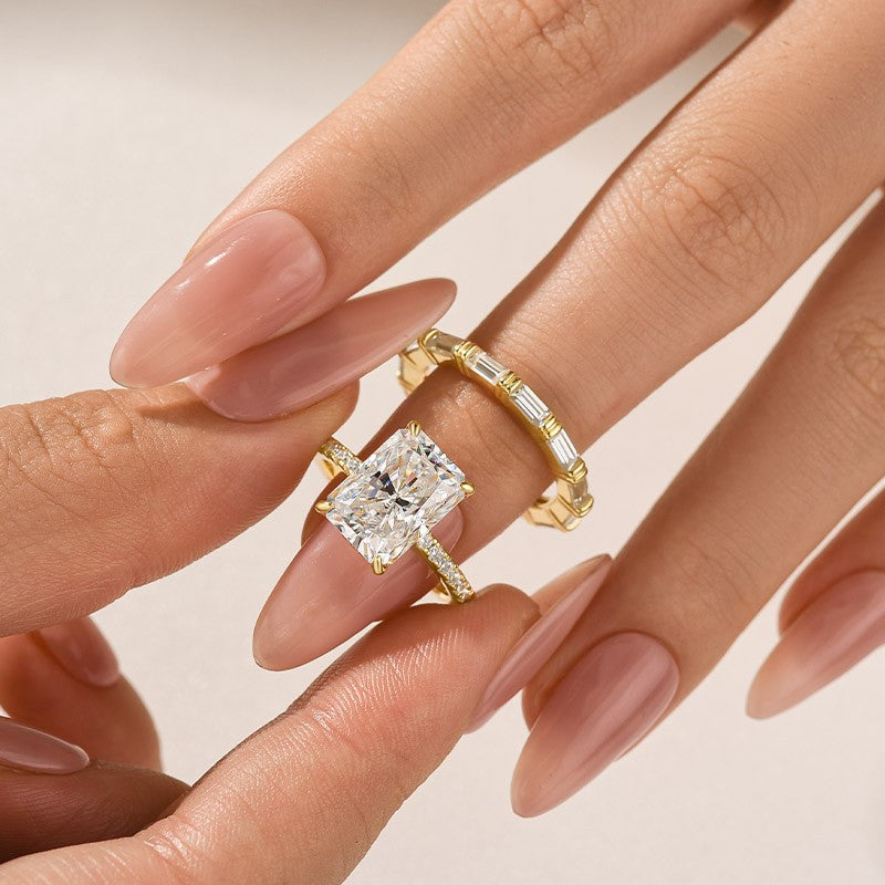 Aurevyn Moissanite 4.5Ct Radiant Cut Yellow Gold  Wedding Ring with Emerald Cut Wedding Band