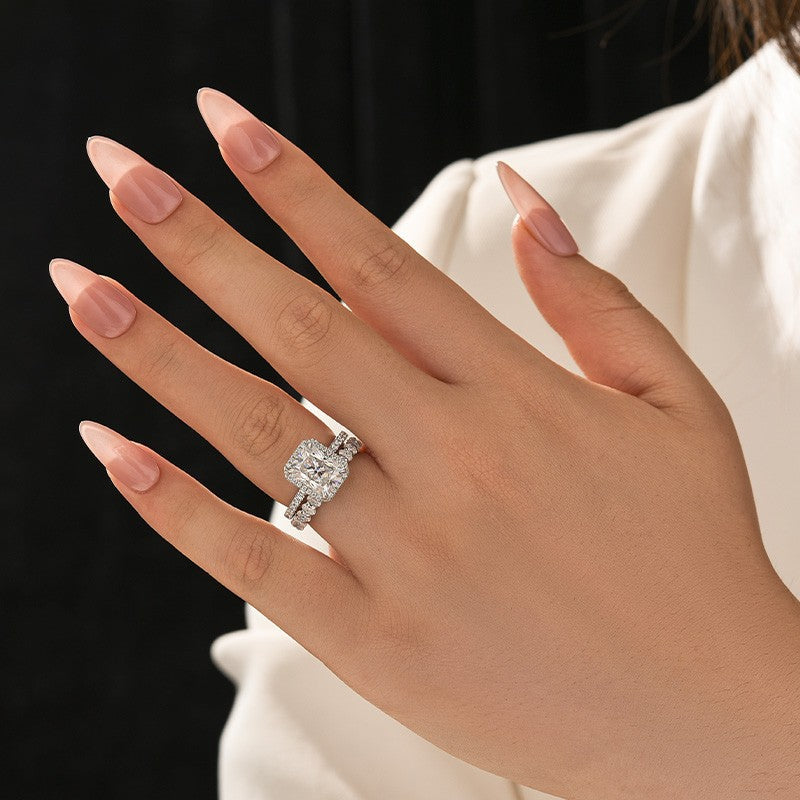 Aurevyn Moissanite 3.0Ct Halo Radiant Cut White Gold Wedding Ring with Oval Cut Wedding Band