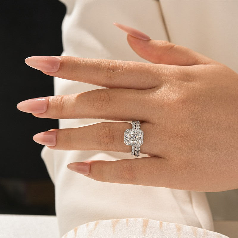 Aurevyn Moissanite 3.0Ct Halo Radiant Cut White Gold Wedding Ring with Oval Cut Wedding Band