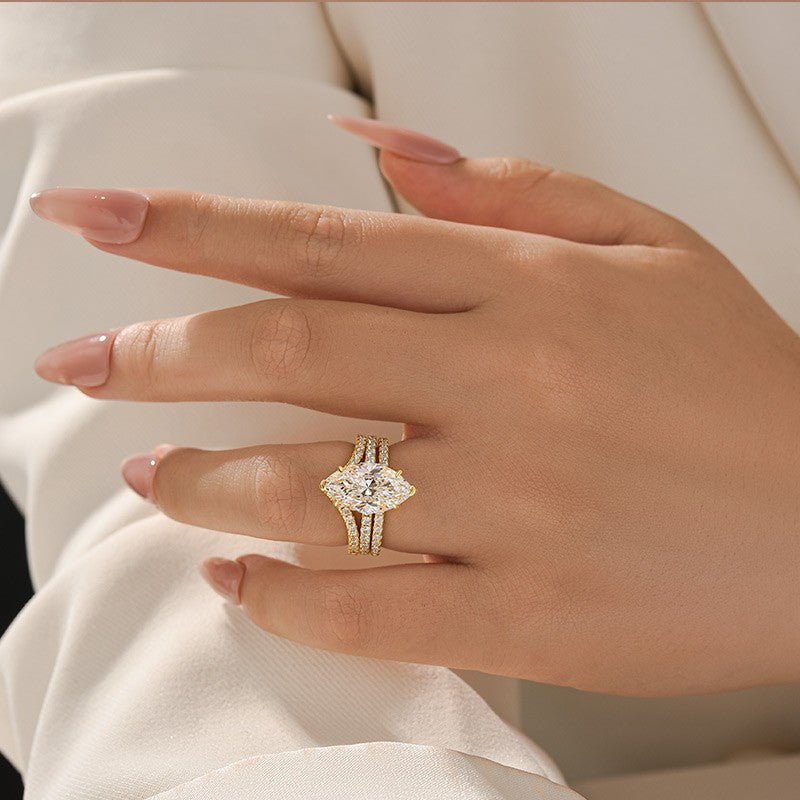 Aurevyn Moissanite 4.0Ct Marquise Cut Yellow Gold Wedding Ring with V Contour Wedding Band