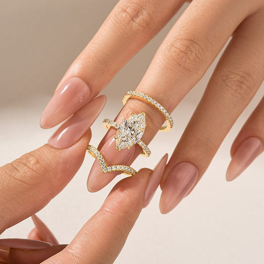 Aurevyn Moissanite 4.0Ct Marquise Cut Yellow Gold Wedding Ring with V Contour Wedding Band