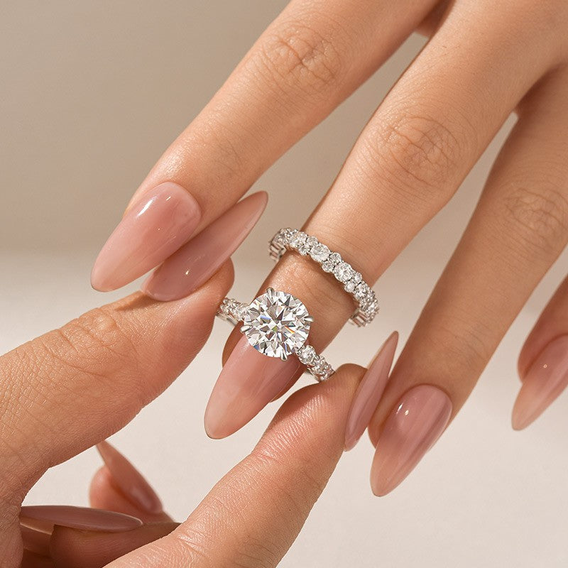 Aurevyn Moissanite 4.0Ct/3.0 Ct Round Cut White Gold Stack Wedding Ring with Round Cut Full Wedding Band