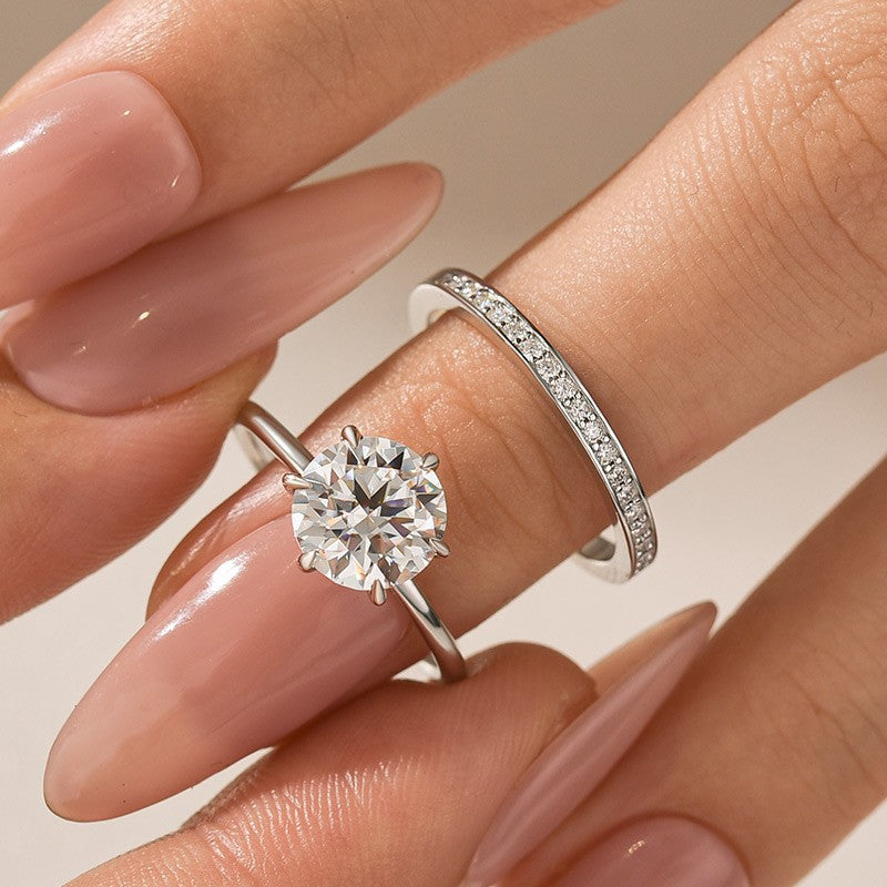 Aurevyn Moissanite 2.0Ct Solitaire Round Cut White Gold Stack Wedding Ring with Pavé Eternity Ring
