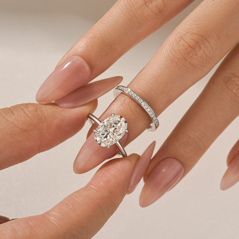 Aurevyn Moissanite 4.0Ct Solitaire Oval Cut White Gold Wedding Ring with Pavé Eternity Ring