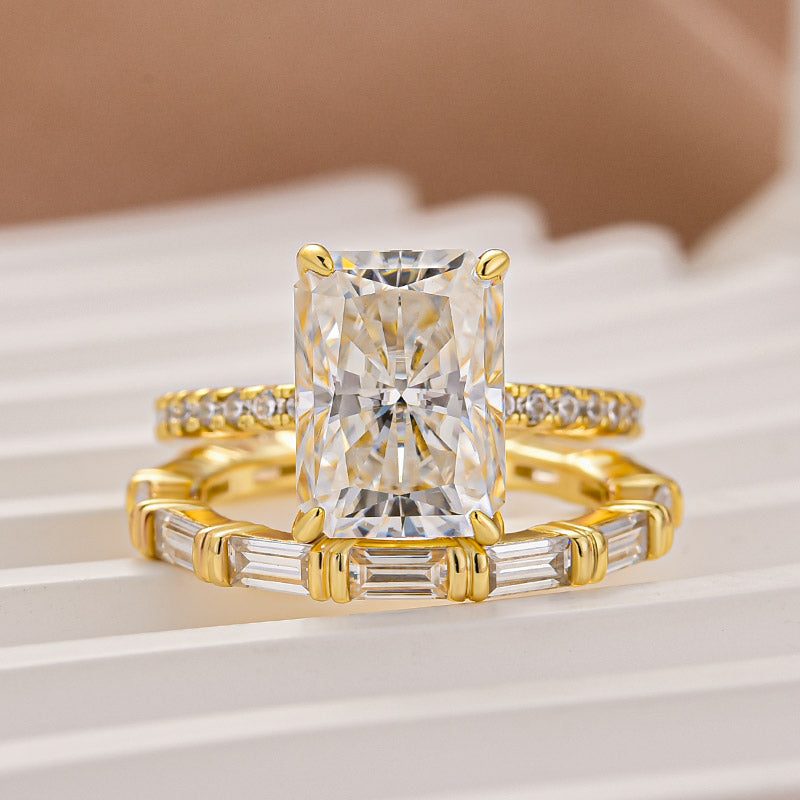 Aurevyn Moissanite 4.5Ct Radiant Cut Yellow Gold  Wedding Ring with Emerald Cut Wedding Band