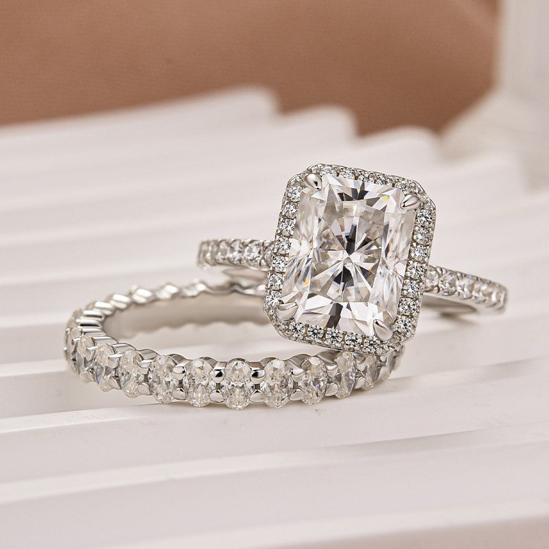 Aurevyn Moissanite 3.0Ct Halo Radiant Cut White Gold Wedding Ring with Oval Cut Wedding Band